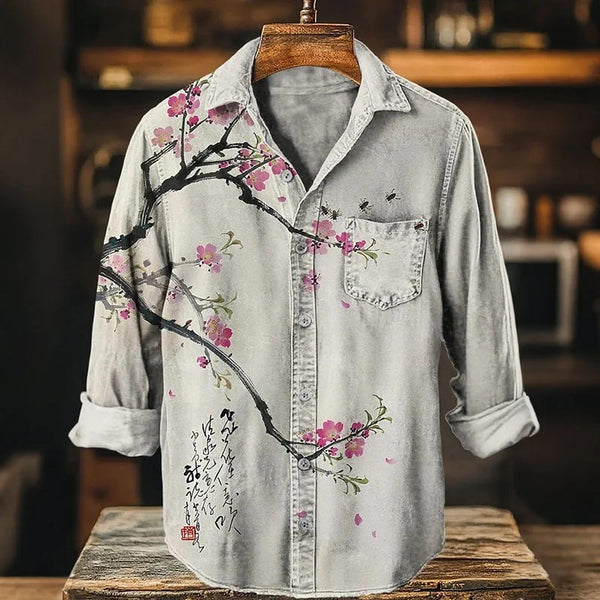 Writaly Sakura Branch Denim Shirt – Vintage Blossom Artistic Casual Wear