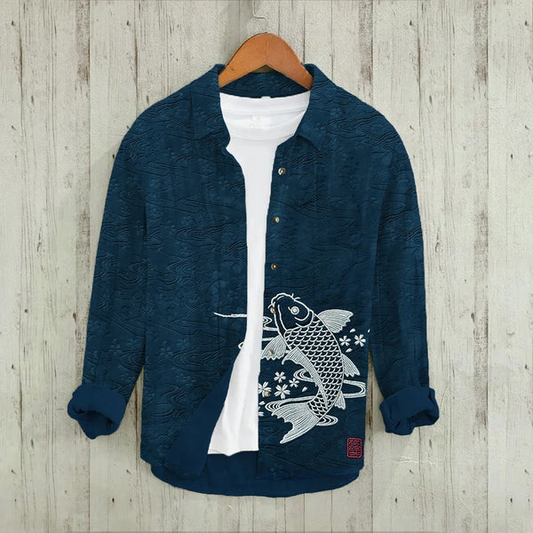 Writaly Koi Fish Embroidery Shirt – Vintage Asian Minimal Casual Wear