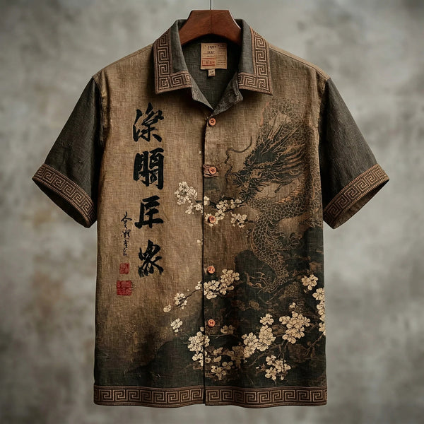 Writaly Vintage Dragon Blossom Print Shirt – Asian Calligraphy Artistic Casual Wear