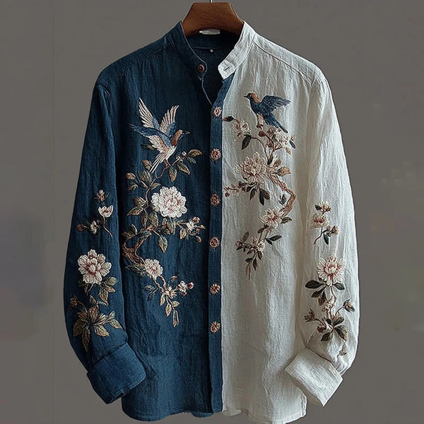 Writaly Dual Tone Bird Floral Embroidery Shirt – Vintage Asian Elegant Casual Wear