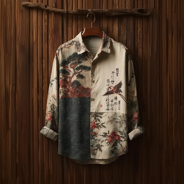 Writaly Vintage Patchwork Art Shirt – Asian Landscape & Bird Print Casual Wear