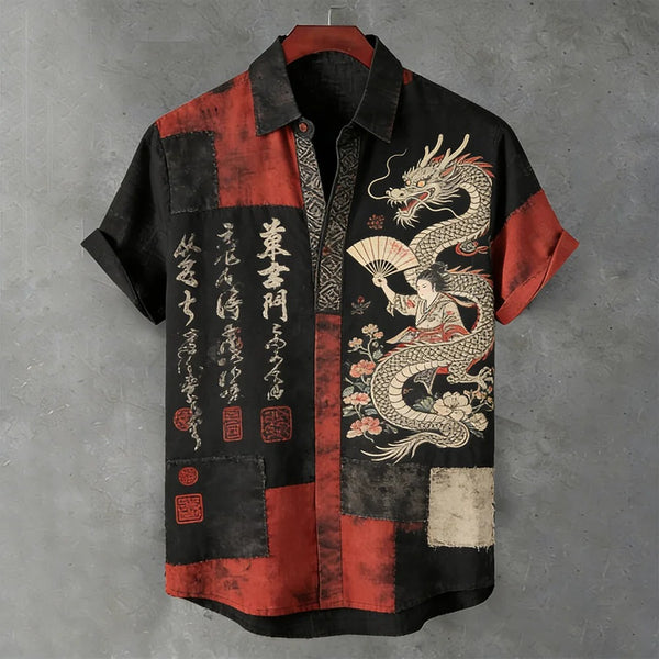 Writaly Vintage Dragon Geisha Patchwork Shirt – Japanese Art Casual Statement Wear