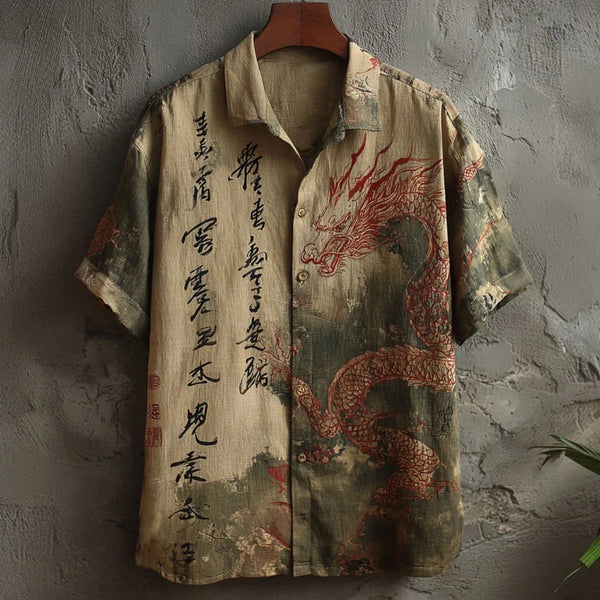 Writaly Vintage Red Dragon Calligraphy Shirt – Asian Artistic Casual Statement Wear