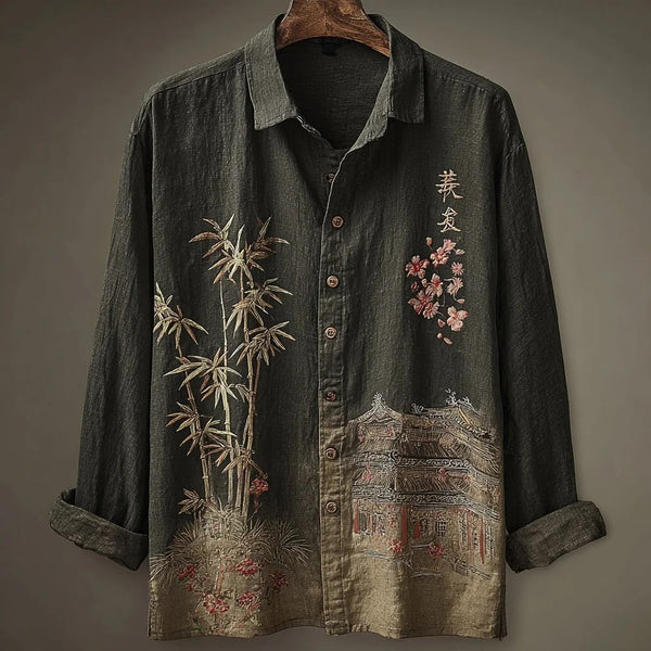 Writaly Vintage Bamboo Temple Art Shirt – Asian Cultural Casual Wear