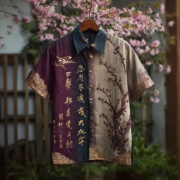 Writaly Vintage Asian Calligraphy Blossom Print Shirt – Premium Artistic Casual Wear