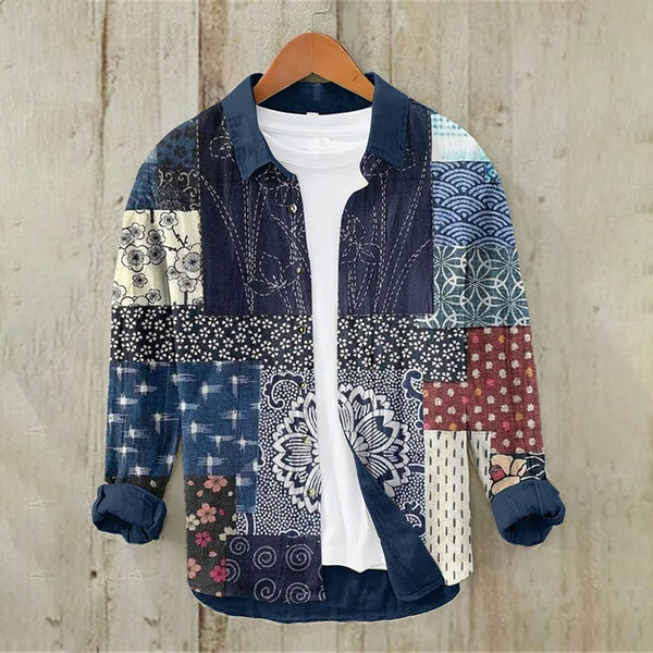 Writaly Vintage Patchwork Denim Style Shirt – Artistic Multi Pattern Casual Wear