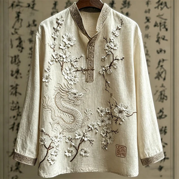 Writaly Mandarin Dragon Blossom Embroidery Shirt – Vintage Asian Elegant Casual Wear